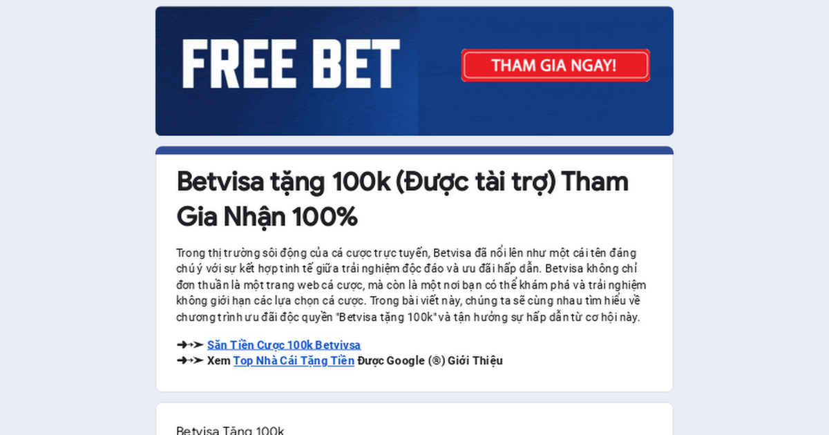 BetVisa tặng 100k tiền cá cược miễn phí HOT nhất