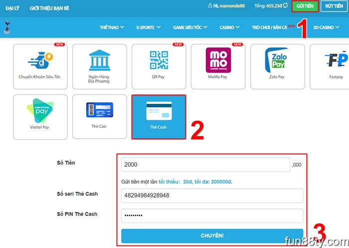 Cách mua thẻ Cash Fun88 để nạp tiền nhanh chóng và dễ dàng